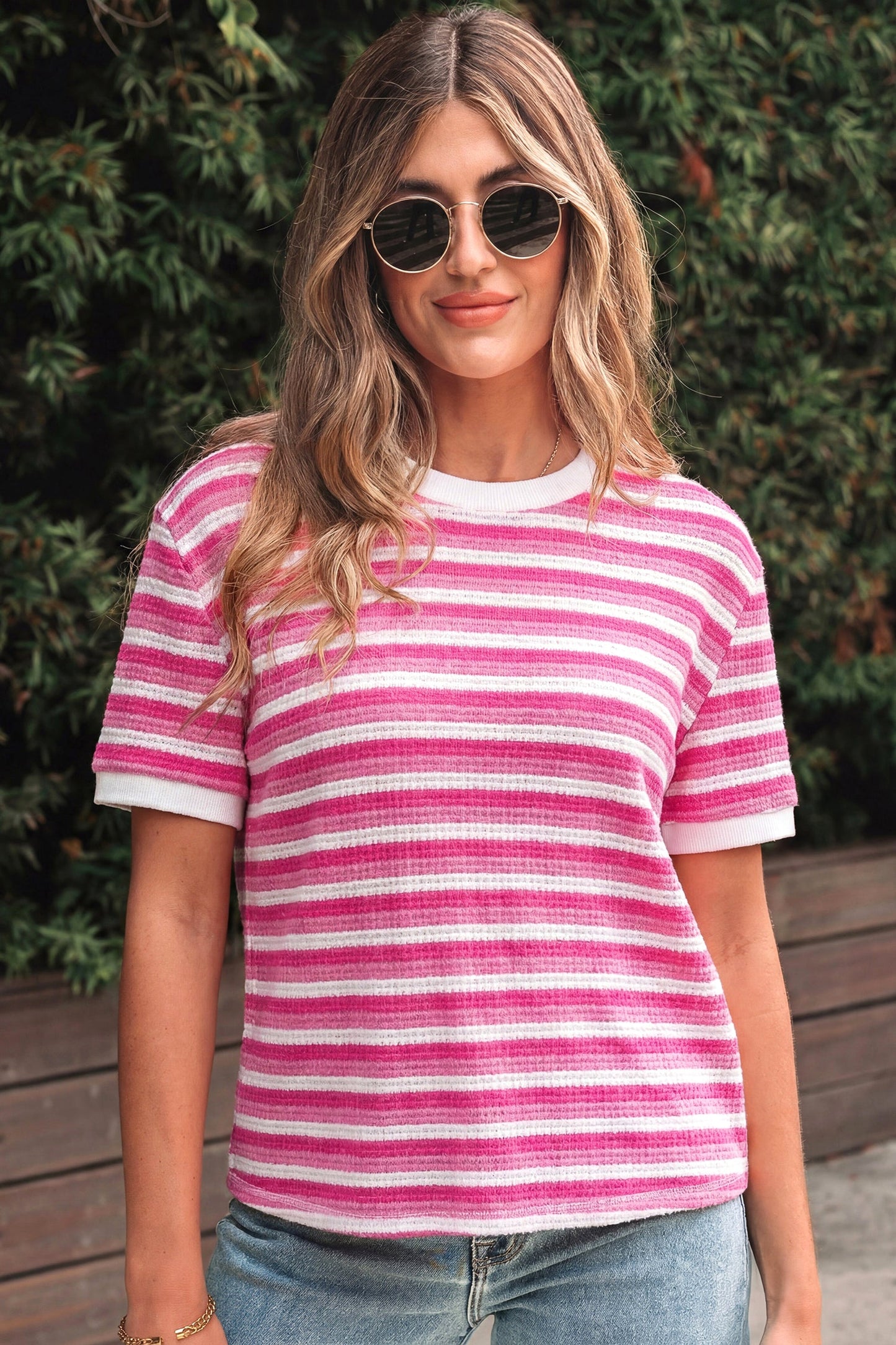 Gestreept Gebreid T-shirt met Korte Mouwen