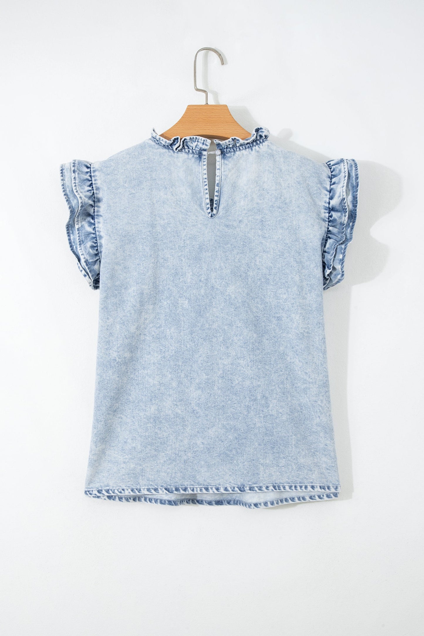 Vintage Gewassen Denim Top met Plissé Mouwen met Ruches