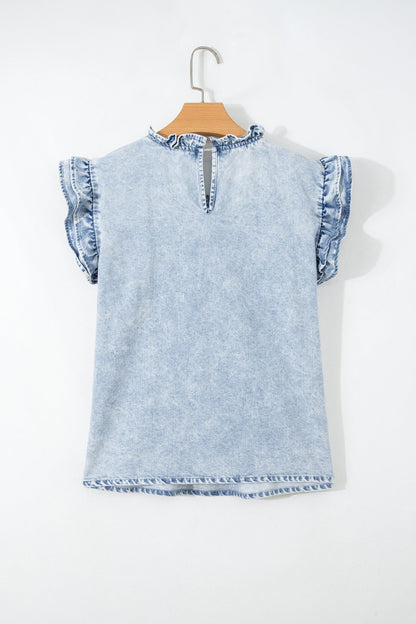 Vintage Gewassen Denim Top met Plissé Mouwen met Ruches