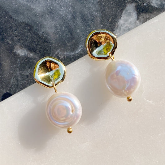 Gouden Schelp Pareldruppel Oorbellen