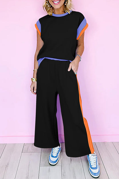 Colorblock Top met Korte Mouwen & Wide Leg Broek Set