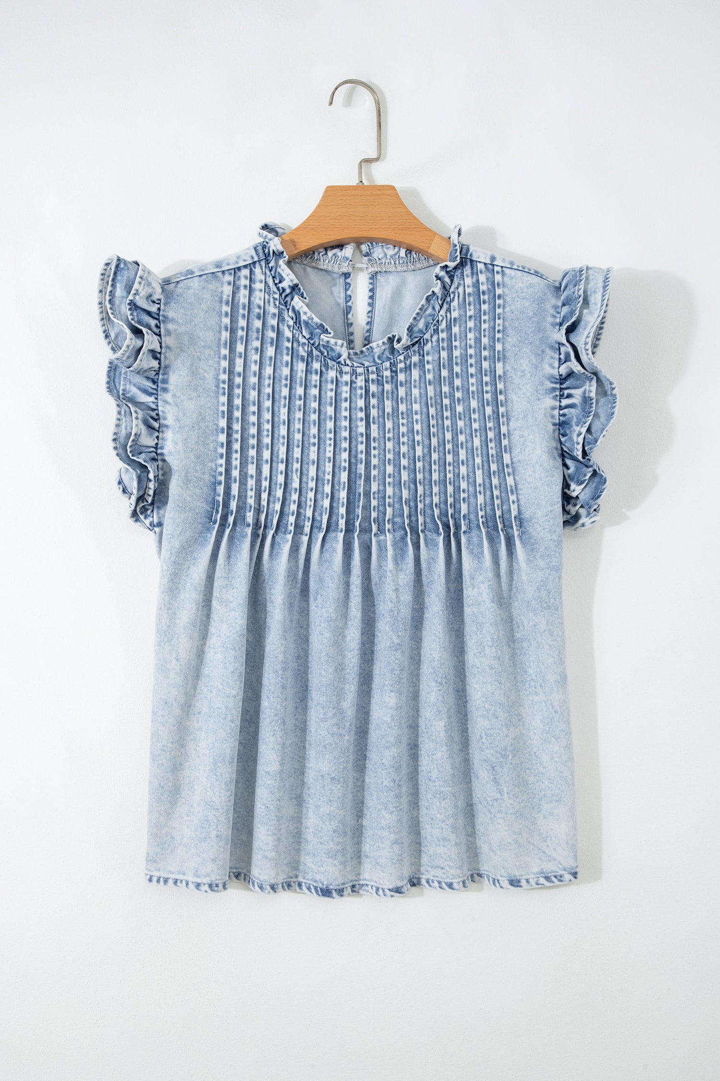 Vintage Gewassen Denim Top met Plissé Mouwen met Ruches