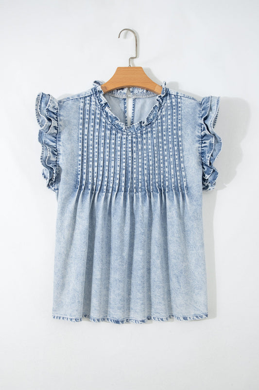 Vintage Gewassen Denim Top met Plissé Mouwen met Ruches
