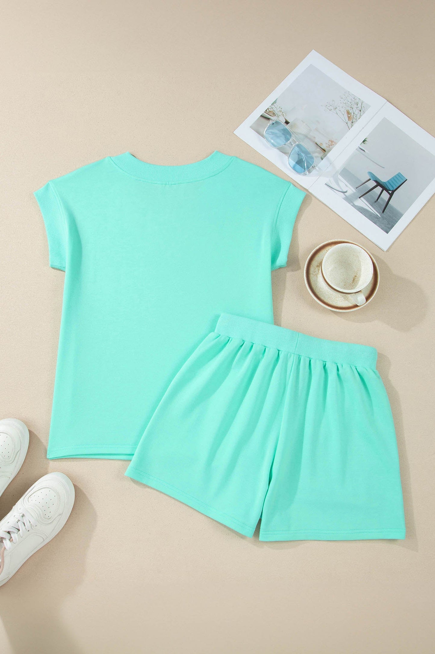 Effen V-hals Top Met Korte Mouwen & Shorts Met Trekkoord Set