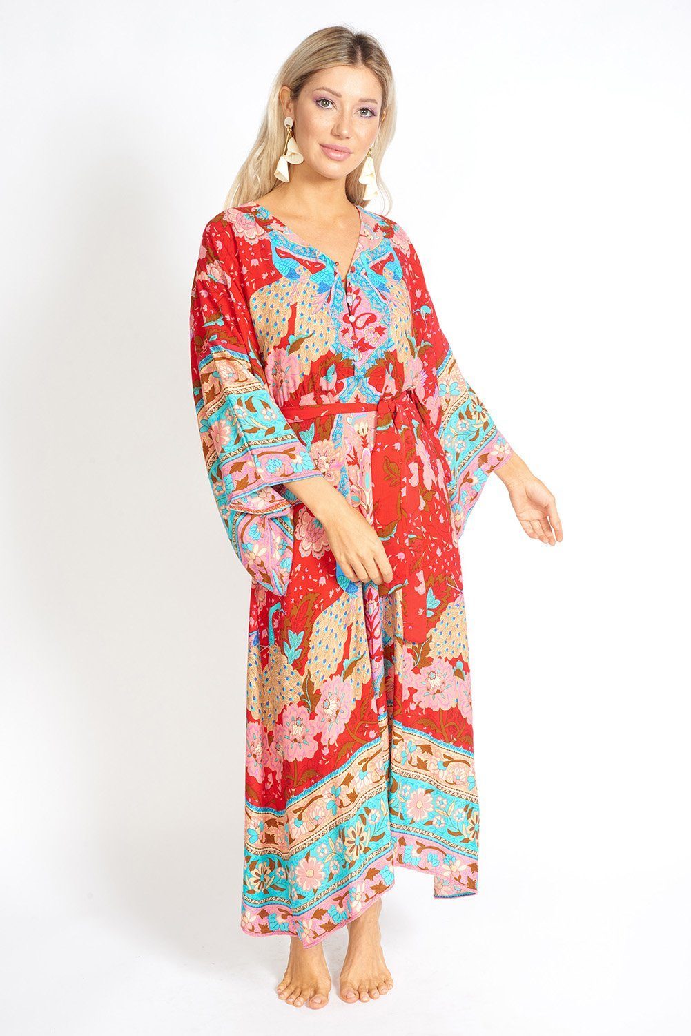 Ayaka Peacock Gebloemde Maxi Kimono Stijl Jurk