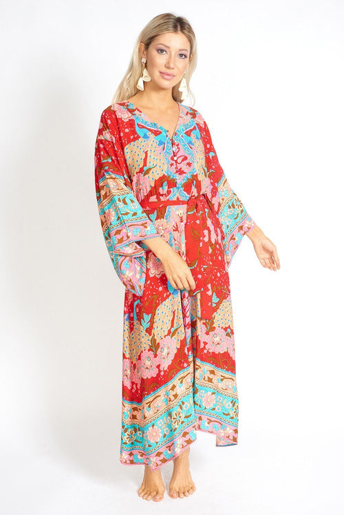 Ayaka Peacock Gebloemde Maxi Kimono Stijl Jurk