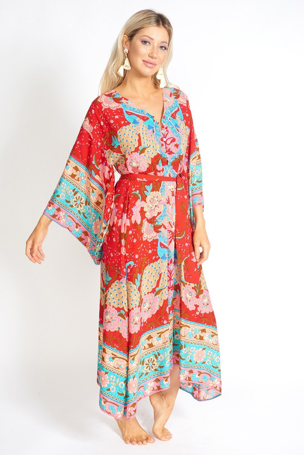 Ayaka Peacock Gebloemde Maxi Kimono Stijl Jurk