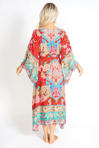 Ayaka Peacock Gebloemde Maxi Kimono Stijl Jurk
