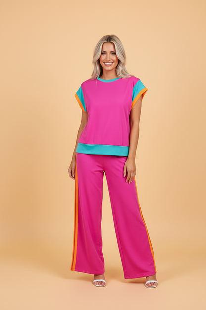 Colorblock Top met Korte Mouwen & Wide Leg Broek Set