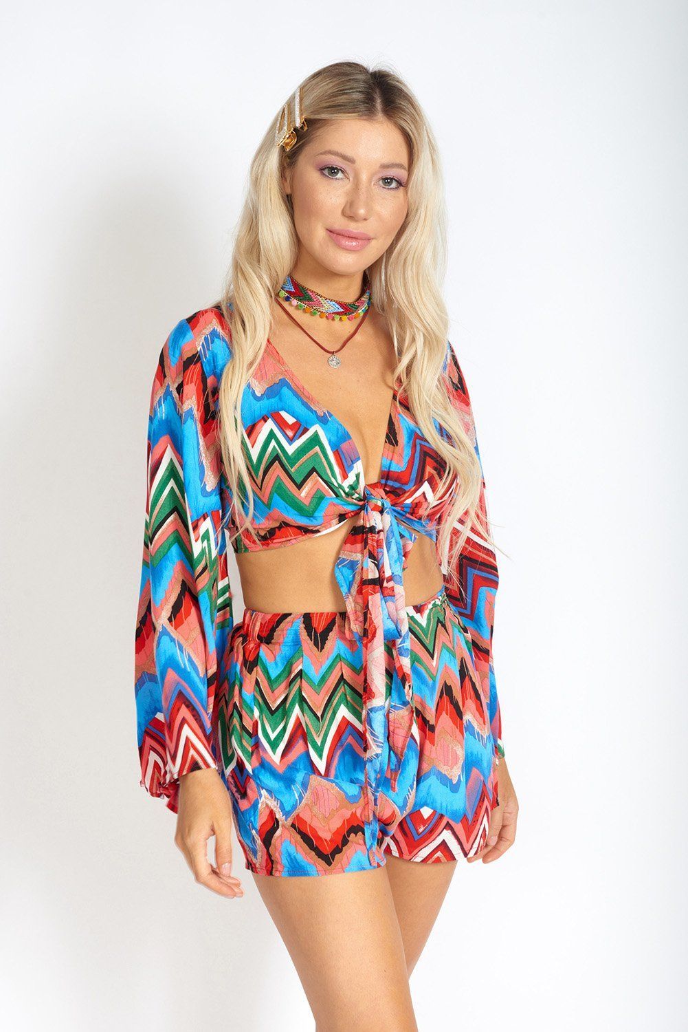Regenbooggolven Boheemse Crop Top met Strikceur aan de Voorkant