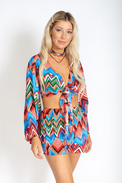 Regenbooggolven Boheemse Crop Top met Strikceur aan de Voorkant