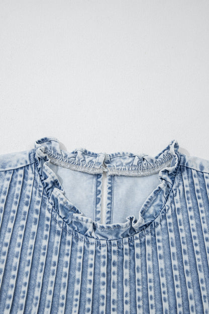 Vintage Gewassen Denim Top met Plissé Mouwen met Ruches