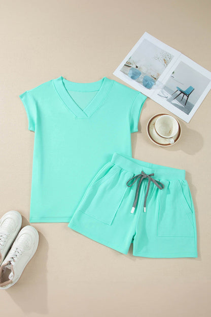 Effen V-hals Top Met Korte Mouwen & Shorts Met Trekkoord Set