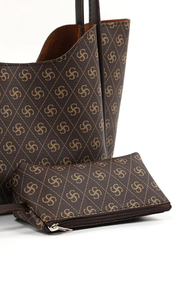 Monogram bruin SHK108 imitatieleer dames hand-/schoudertas met make-uptasje