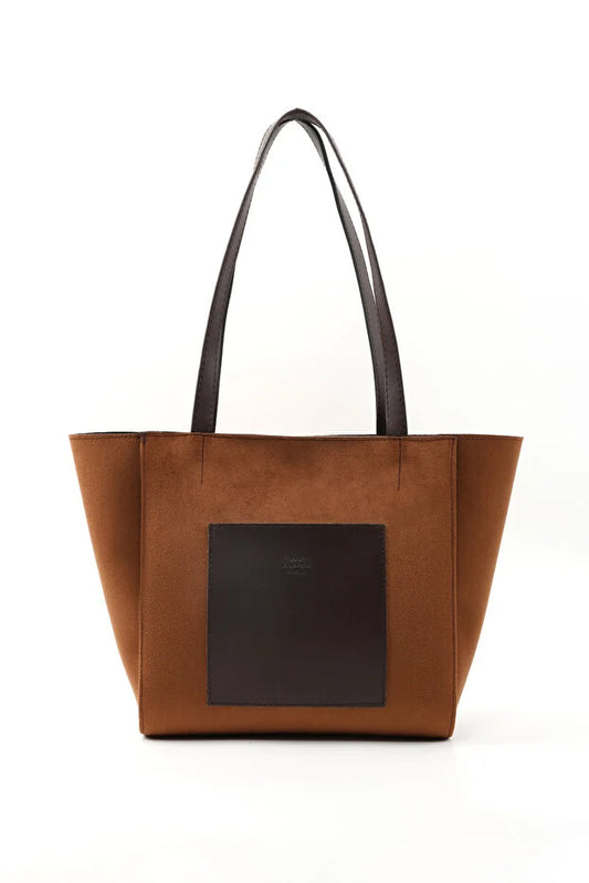 Large Faux Leather Zip Closure Tote Bag with Front Pocket Bag Brown