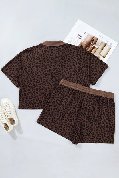 Plus Size Luipaardkraag Top & Trekkoord Short Set