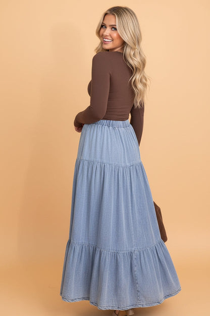 Denim maxi-rok met ruches en uitlopende lagen