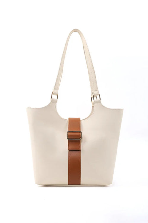 Bruine kunstleren crossbodytas met drukknoopsluiting en enkele witte band