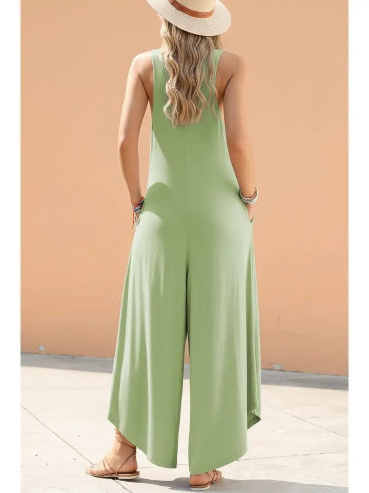 Effen mouwloze V-hals jumpsuit met wijde pijpen