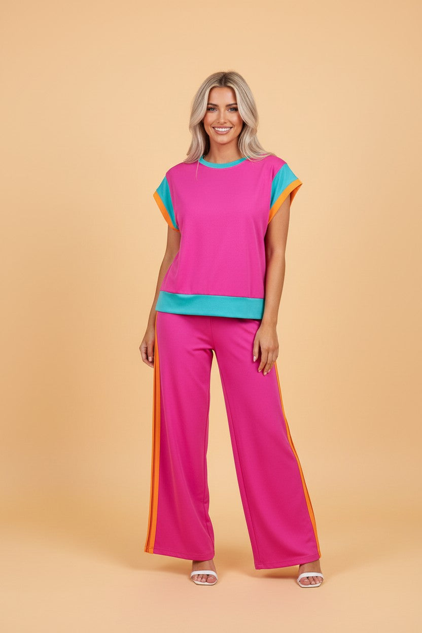 Colorblock Top met Korte Mouwen & Wide Leg Broek Set