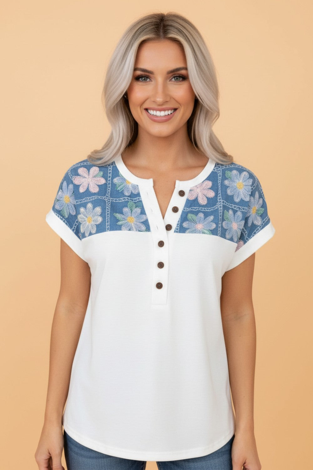 Gebloemde Patchwork Henley Blouse met Korte Mouwen