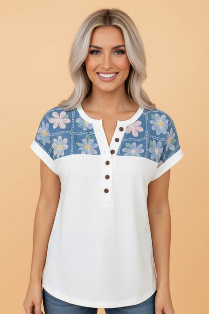 Gebloemde Patchwork Henley Blouse met Korte Mouwen