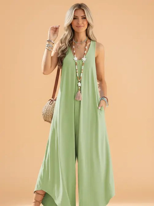 Effen mouwloze V-hals jumpsuit met wijde pijpen