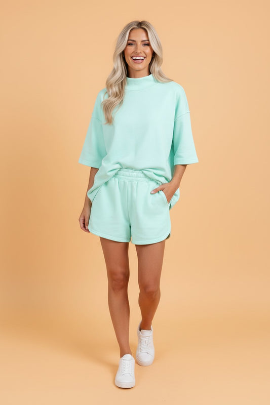 Effen Set Bestaande uit T-shirt met Opstaande Kraag en Zichtbare Naad & Korte Broek