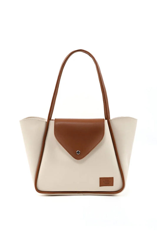 Large Faux Leather Snap Closure Tote Bag Single Compartment Bag White