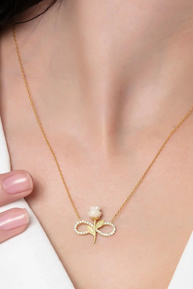 925 Sterling Zilver Vergulde Witte Roos Oneindigheid Ketting Zirkoon