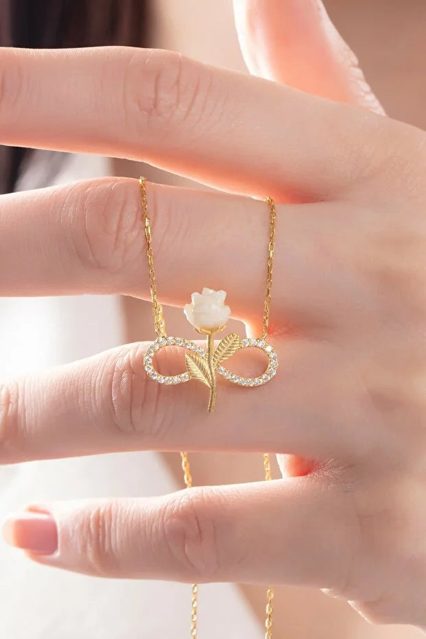 925 Sterling Zilver Vergulde Witte Roos Oneindigheid Ketting Zirkoon