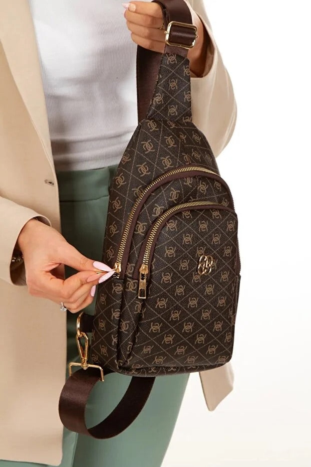 Dames bruin leren monogram cross-body heup- en schoudertas