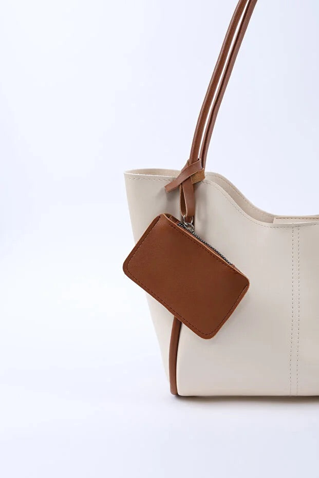 Crèmekleurige bruine SHK108 handtas van imitatieleer voor dames met portemonnee en make-up