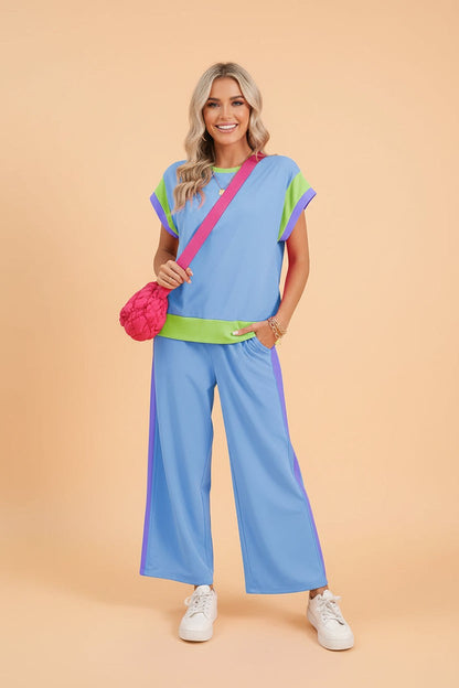 Colorblock Top met Korte Mouwen & Wide Leg Broek Set