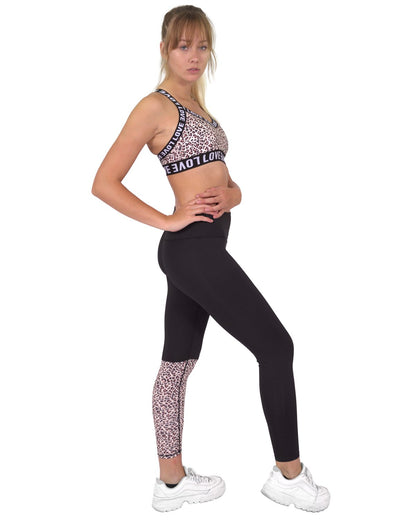Jordena Leggings och Sport-bh-set – Svart och leopardmönstrat