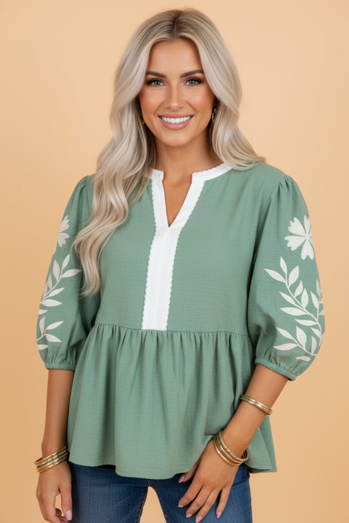 Geborduurde Colourblock Babydoll Blouse met Pofmouwen en Bloemenprint