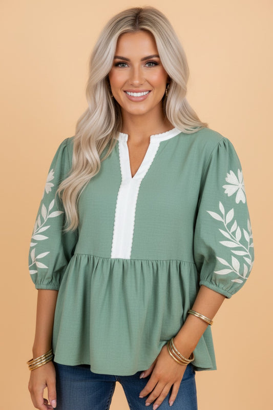 Geborduurde Colourblock Babydoll Blouse met Pofmouwen en Bloemenprint