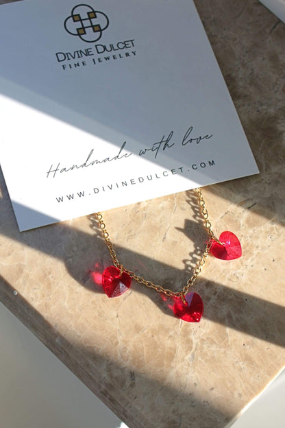 3 Rode Harten 24 Karaat Gouden Ketting