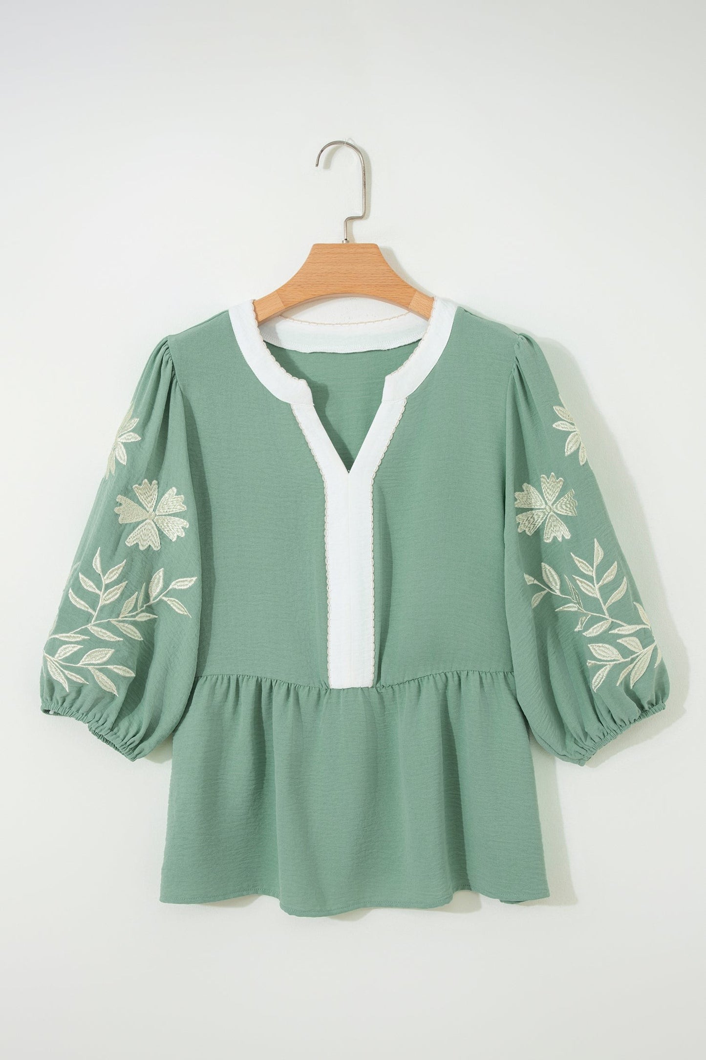 Geborduurde Colourblock Babydoll Blouse met Pofmouwen en Bloemenprint