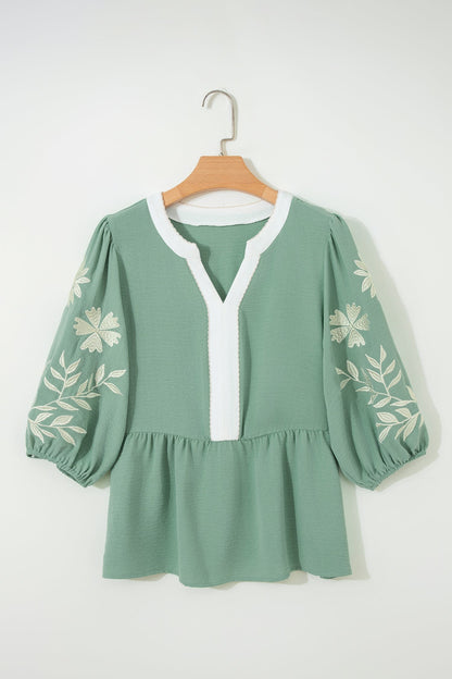Geborduurde Colourblock Babydoll Blouse met Pofmouwen en Bloemenprint