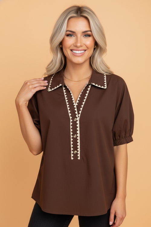 Contrastbies Knoop V-hals Korte Mouwen Blouse