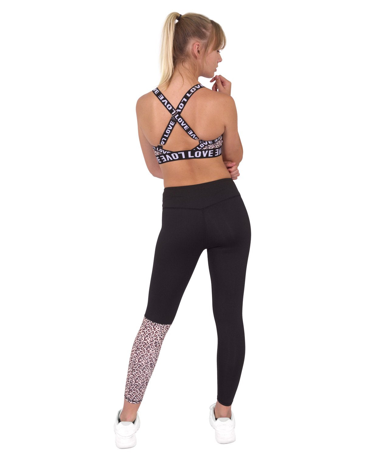 Jordena Leggings och Sport-bh-set – Svart och leopardmönstrat
