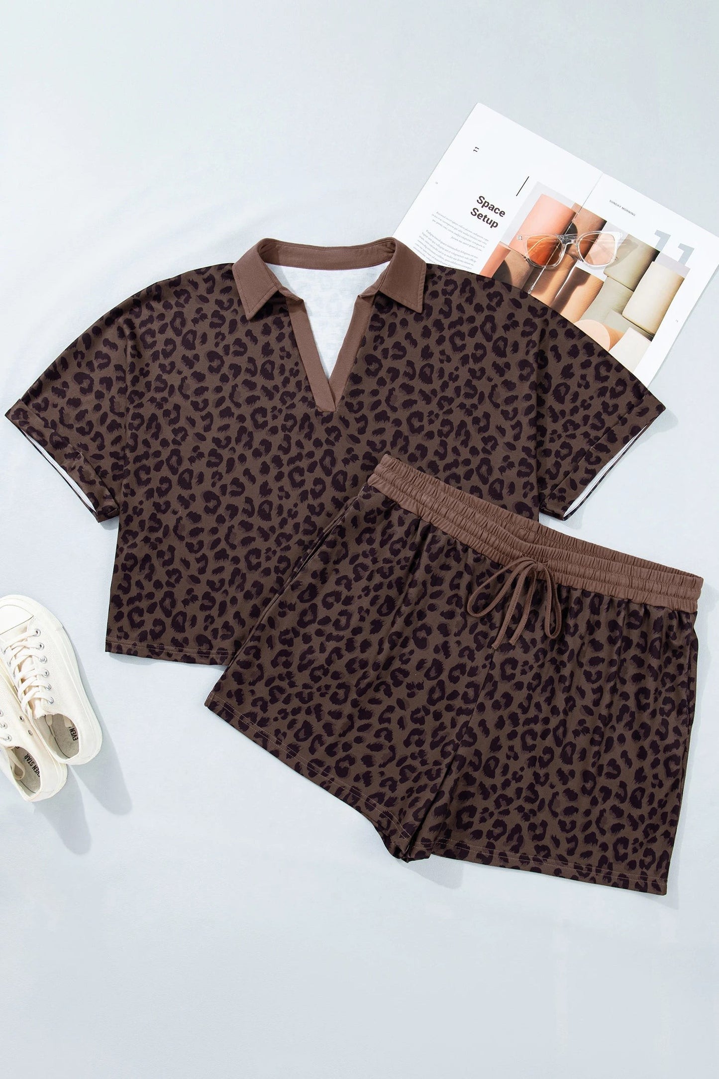 Plus Size Luipaardkraag Top & Trekkoord Short Set