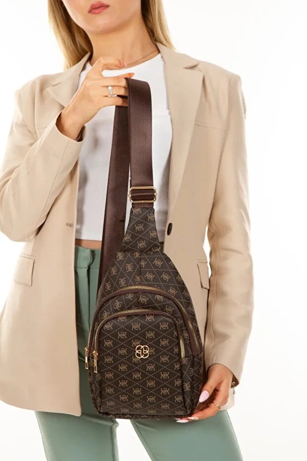 Dames bruin leren monogram cross-body heup- en schoudertas