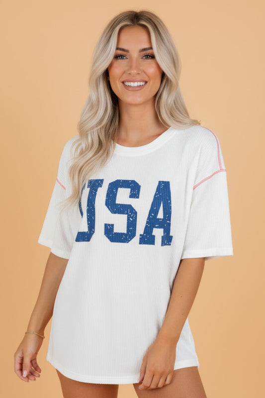 USA Gebreide Graphic Top met Korte Mouwen