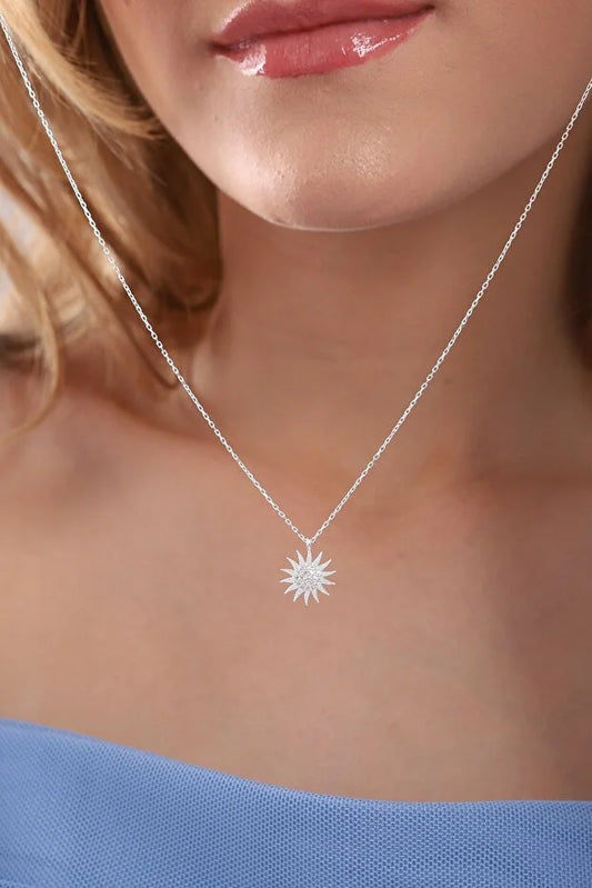 925 Sterling Zilveren Zon Hanger Ketting met Witte Zirkoon Steen