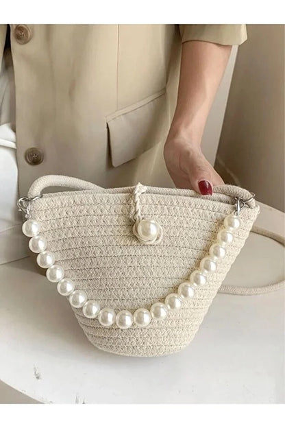 Witte schoudertas voor dames met pareldesign elegante baguettetas