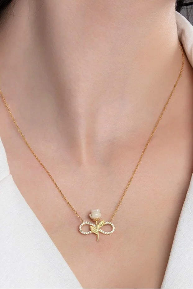 925 Sterling Zilver Vergulde Witte Roos Oneindigheid Ketting Zirkoon
