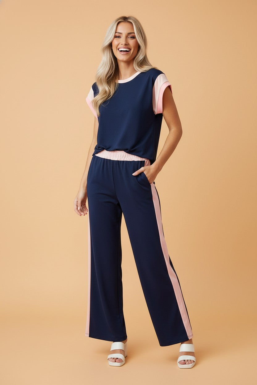 Colorblock Top met Korte Mouwen & Wide Leg Broek Set
