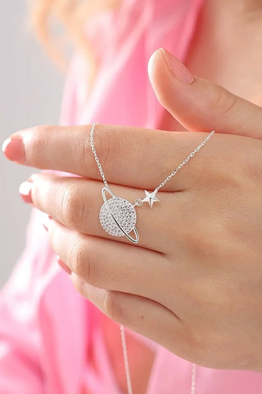 925 Sterling Zilveren Saturnus Planeet Ketting met Witte Zirkoon Steen